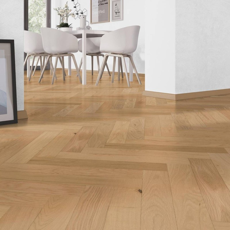 Parquet contrecollé bâton rompu Chêne verni naturel ultra mat 4ch 14/3*90*540 mm