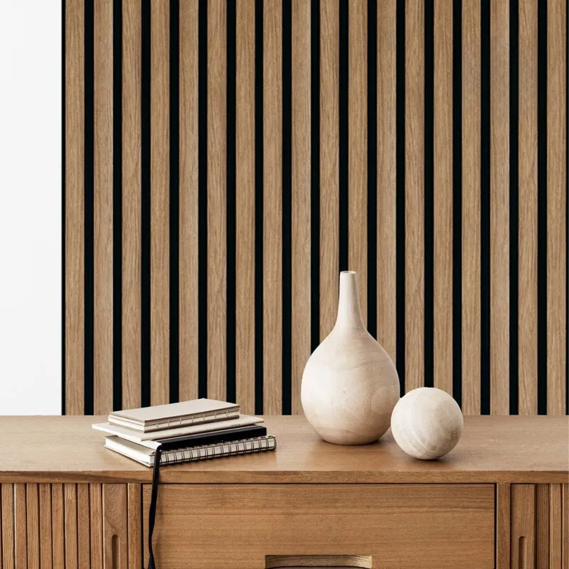 Panneau mural lame effet 3 tasseaux Oak Craft Teck fond noir 12*122*2500 mm