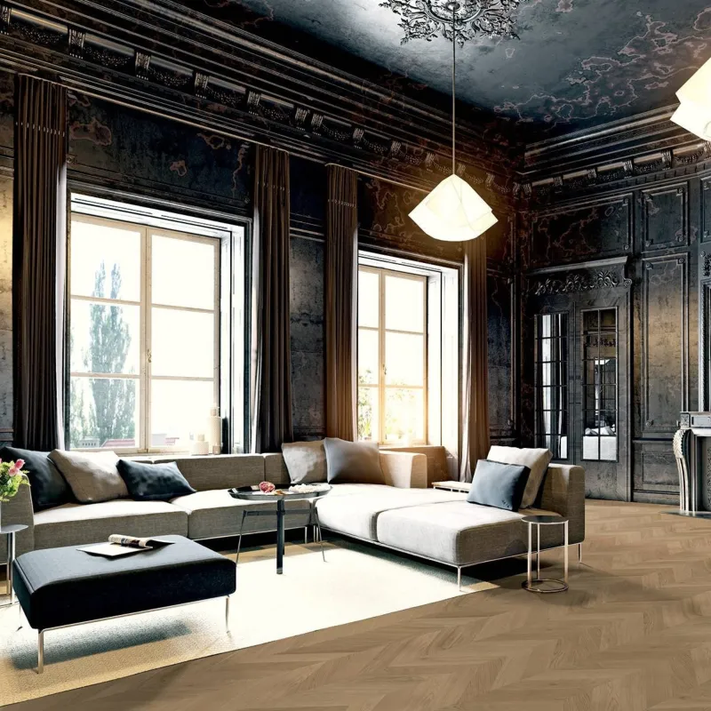 Parquet contrecollé point Hongrie Chêne brossé huilé patiné 14/3*90*480/570 mm