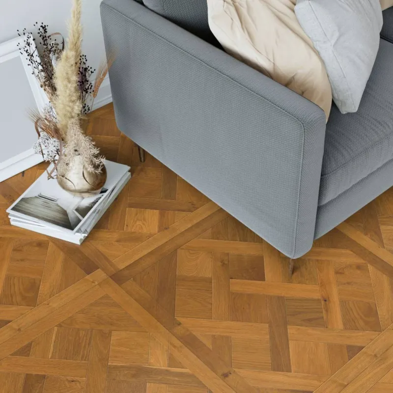 Parquet dalle contrecollé Versailles Chêne brossé verni fumé 4ch 20/4*800*800 mm