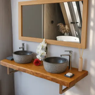 Plan vasque sdb Teck Indo massif vernis mat effet tronc d'arbre 40*500*1410mm