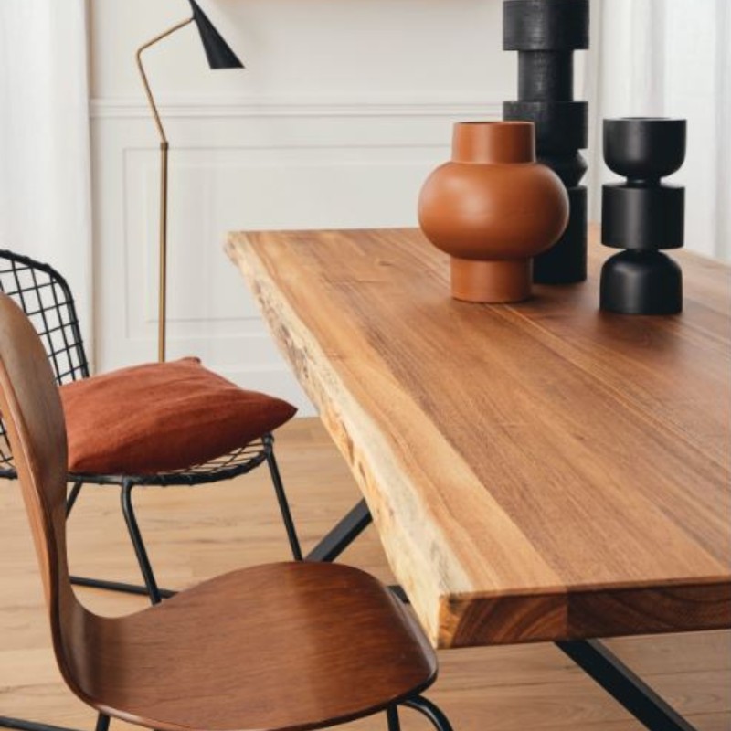 Plateau Diner Teck Indo massif vernis mat deux bords effet tronc d'arbre