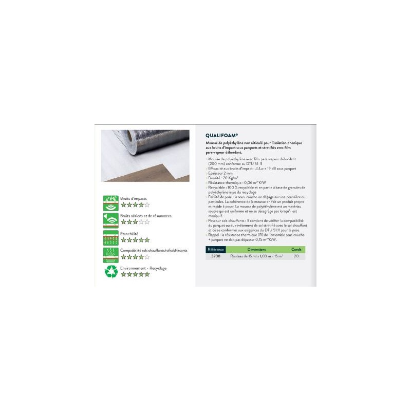 Sous couche parquet Qualifoam épaisseur 2mm en 19 DB - Rouleau de 15m²