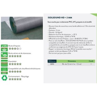 Sous couche parquet Isolsound HD+ épaisseur 2mm en 18 DB - Rouleau de 7.50m²